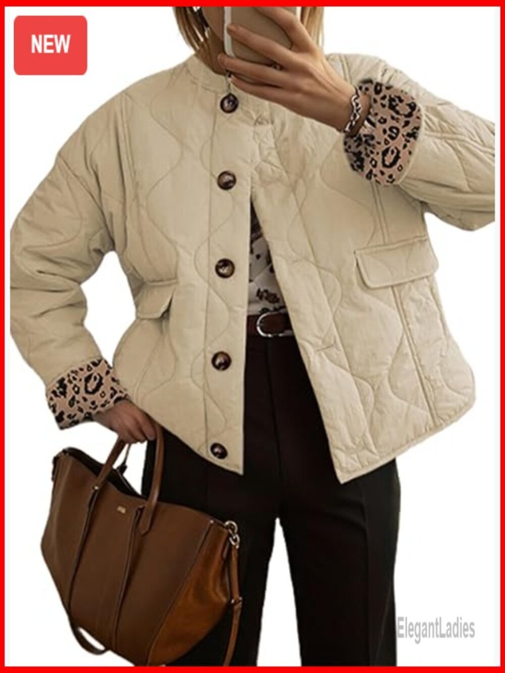 Women's Quilted Puffer Jacket Button Down Leopard Print Winter Coat